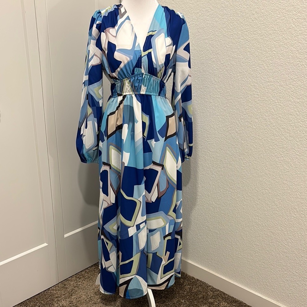Blue and White Tie Front Maxi Dress with Bishop Sleeves